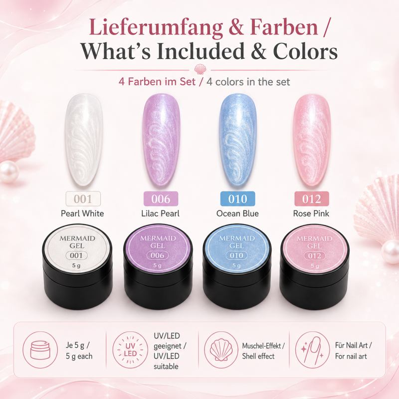 Set de 4 Geles de Color UV Mermaid Color Gel – Efecto Concha